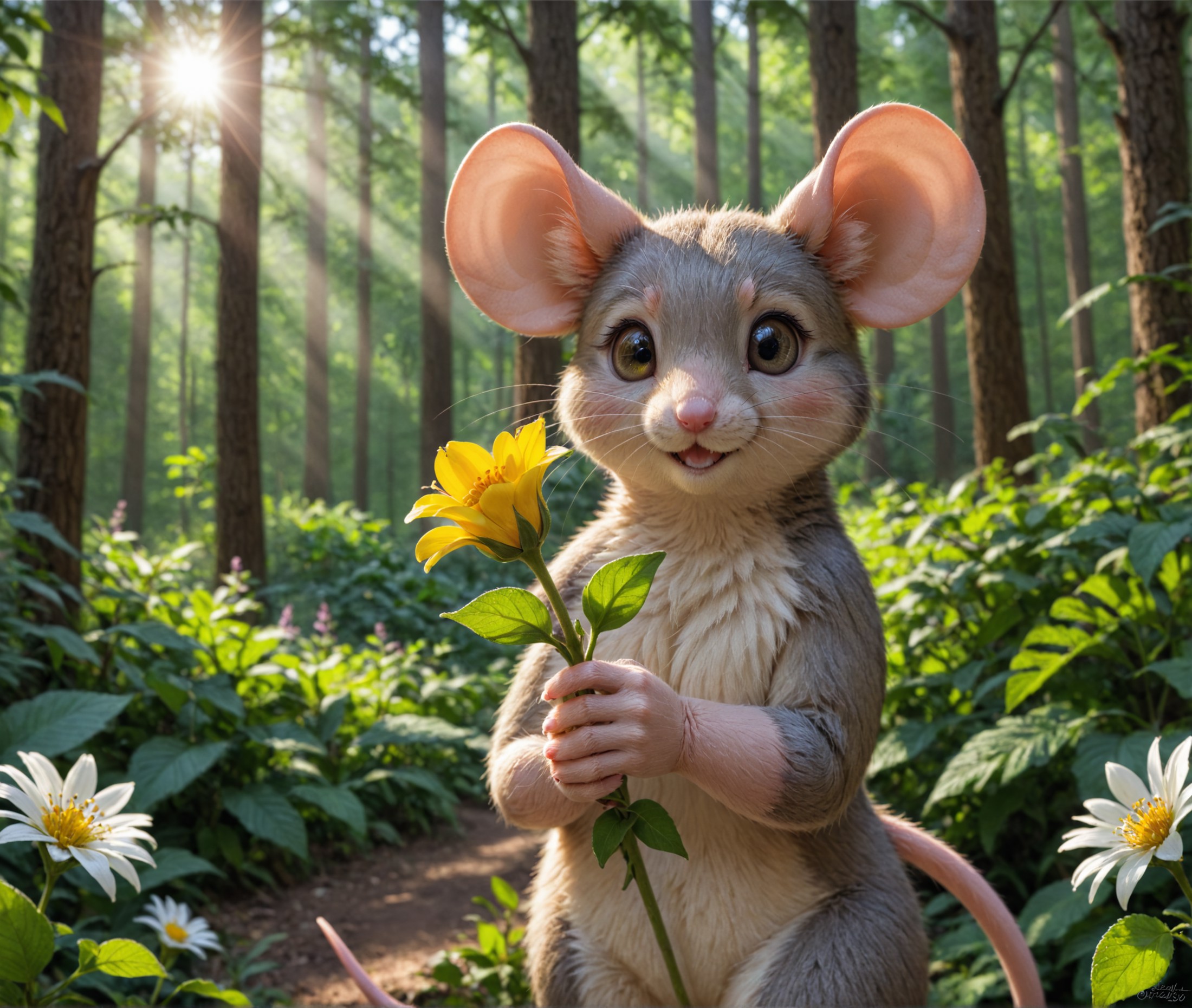 nature shot photo  ,a mouse , holding a flower, Forrest background, natural light <lora:Furry Enhancer 6.1:0.4>